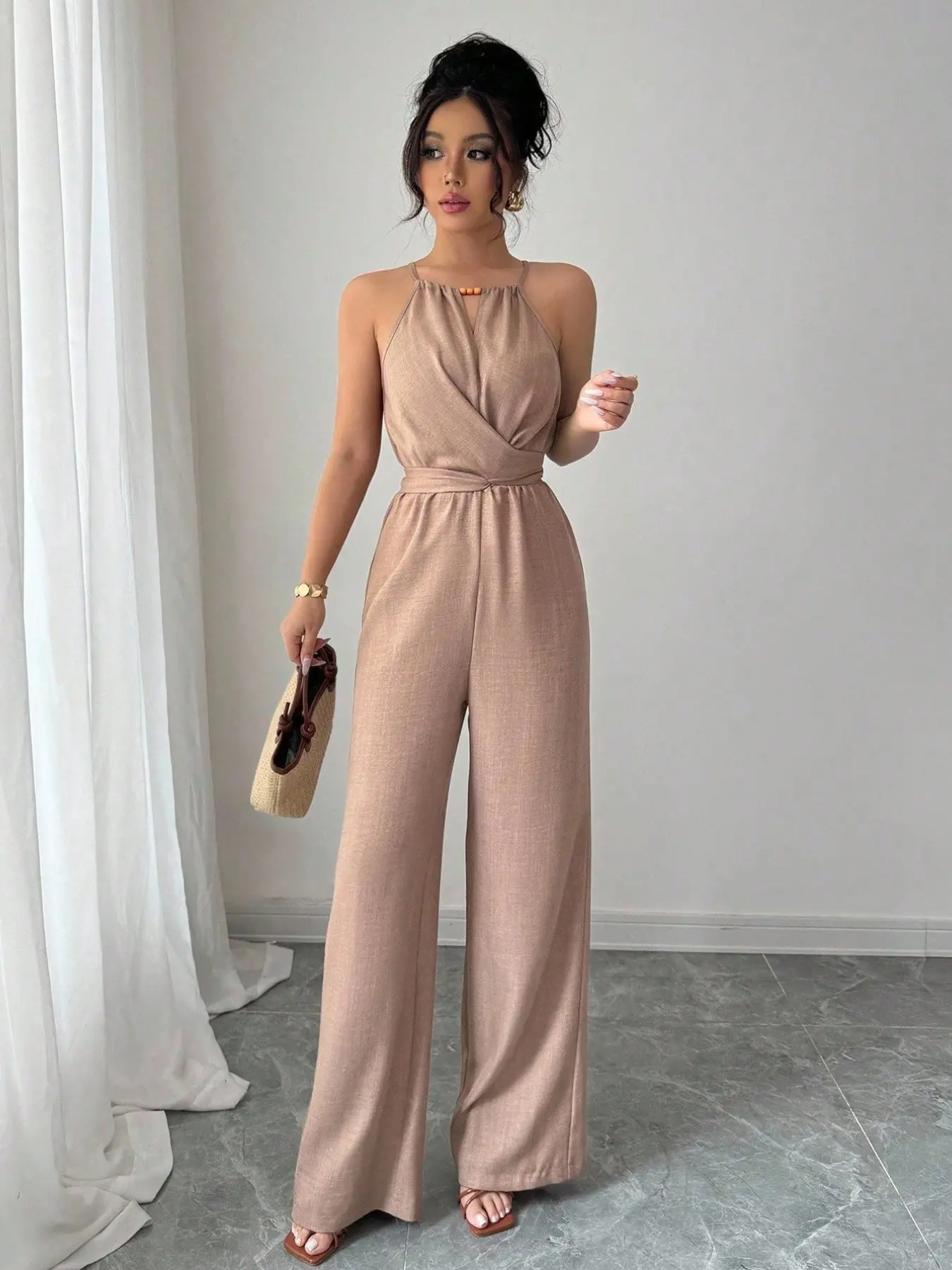 Elegant Halter Sleeveless Bodysuit Jumpsuit with Waist Cinch, Flowy and Chic Casual Office Wear, Fashionable One-Piece for Professional Looks