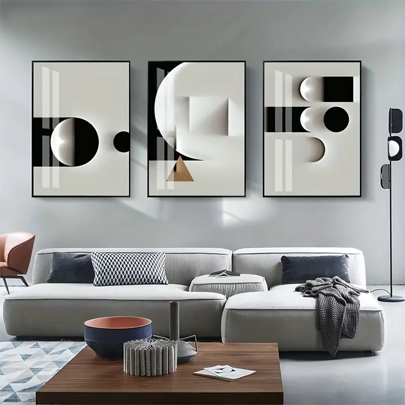 3pcs Framed Abstract Geometric Pattern Canvas Prints - Black and White Minimalist Modern Nordic Wall Decor, Artwork for Living Room Decorations, Home Decoration Gift, Artistic, Chic Decor