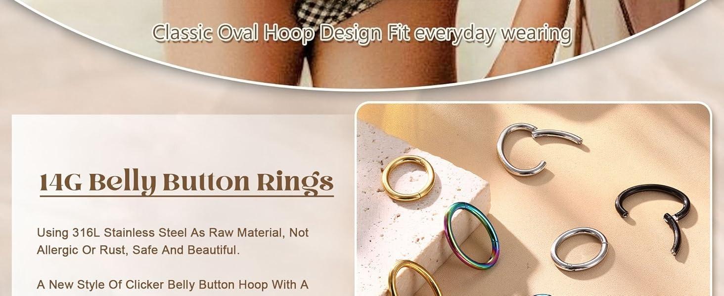 MILACOLATO 14G Clicker Belly Button Ring for Women White Gold Plated Hoop Belly Button Rings Shiny CZ Belly Button Clicker Oval Belly Ring Reverse Navel Body Belly Piercing Jewelry