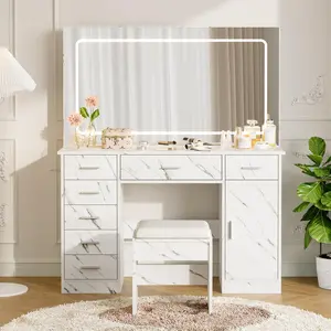 GARVEEMarble Vanity Desk with LED Mirror - Makeup Table with 7 Drawers & Charging Station - 3 Lighting Modes - Modern Bedroom Furniture