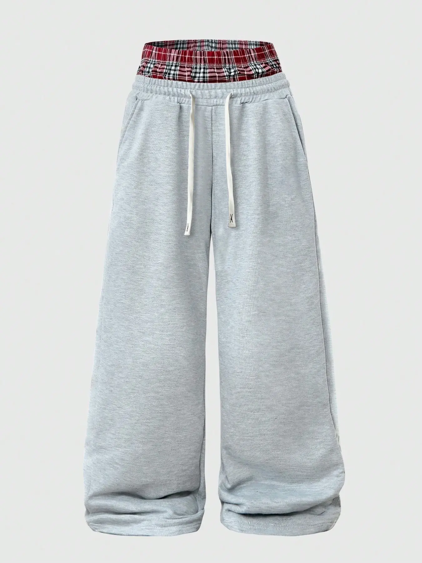Vintage Red Plaid Double Waistband Baggy Wide-Leg Sweatpants, All-Season Versatile Casual Sports Trousers, Oversized Relaxed Straight-Leg Drawstring Sweat Joggers, Casual Comfy Sporty, Perfect for Daily Commutes, Outdoor Strolls