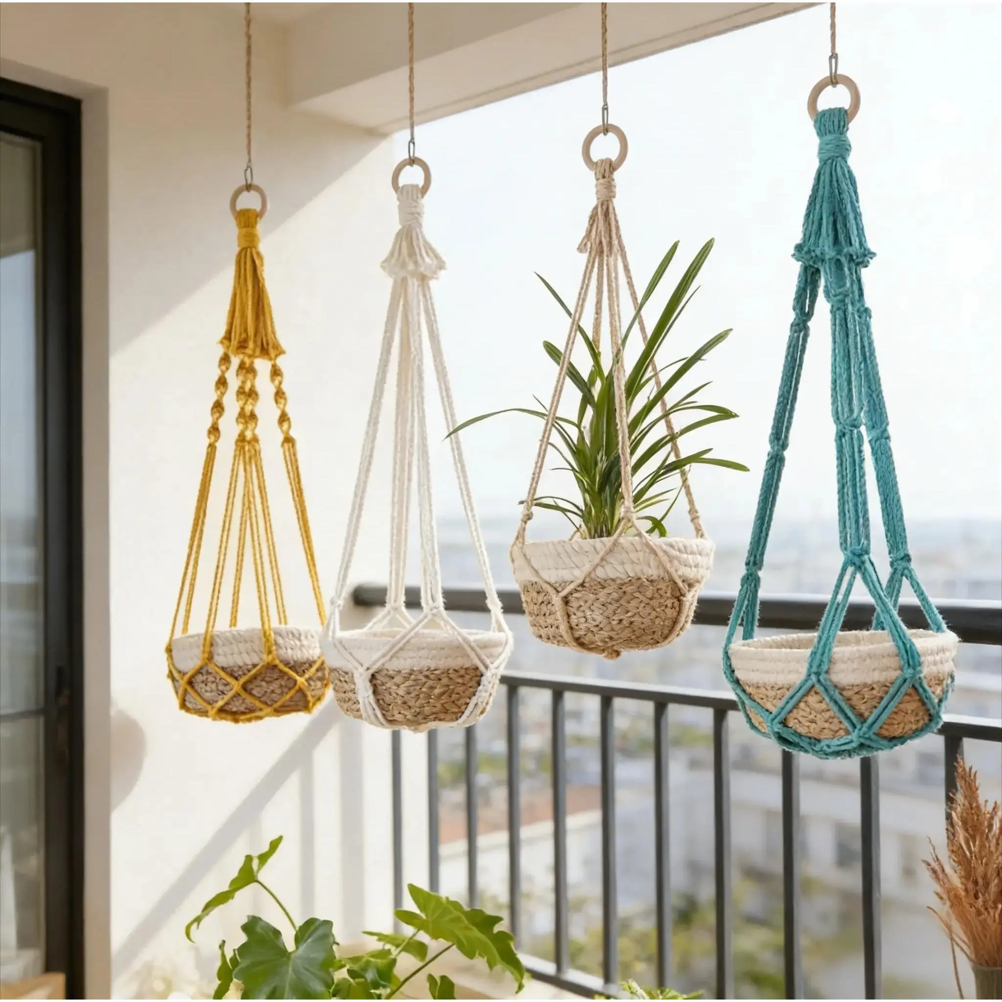 4-Pcs/Set Handmade Macrame Hammocks - Boho Woven Rope Hanging Plant Holders with Colorful Ropes, Camping, Indoor Home Decor Macrame Art Design Plant Hangers, Hanging Plant Holder