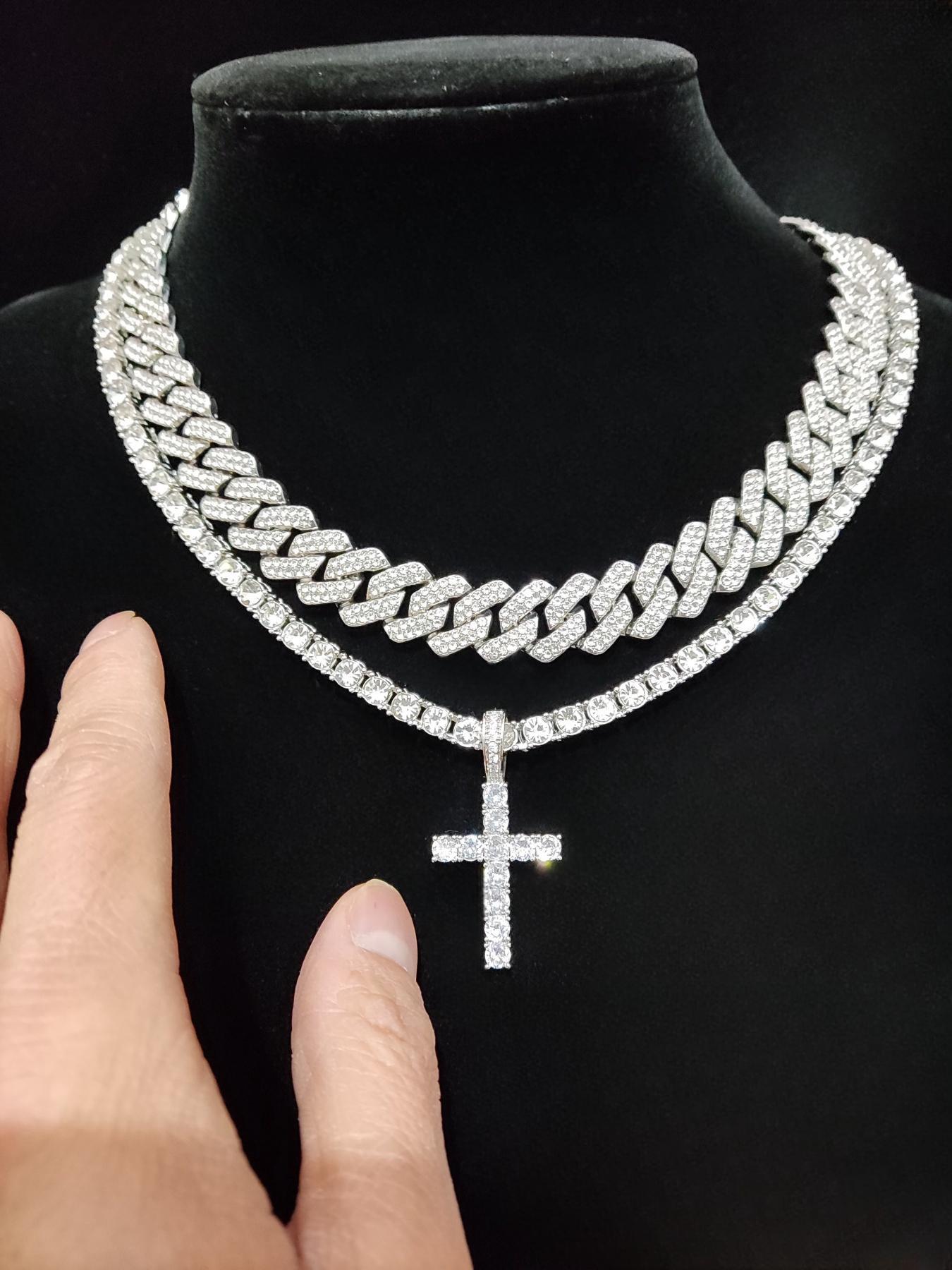 Easter Luxury Rhinestone Cross Pendant Necklace & Cuban Chunky Chain Matching Jewelry Set, Sparkly Streetwear Hip Hop Iced out Jewelry Set for Party, Gorgeous Trendy Accessories Cross Necklaces, Cuban Link Chain