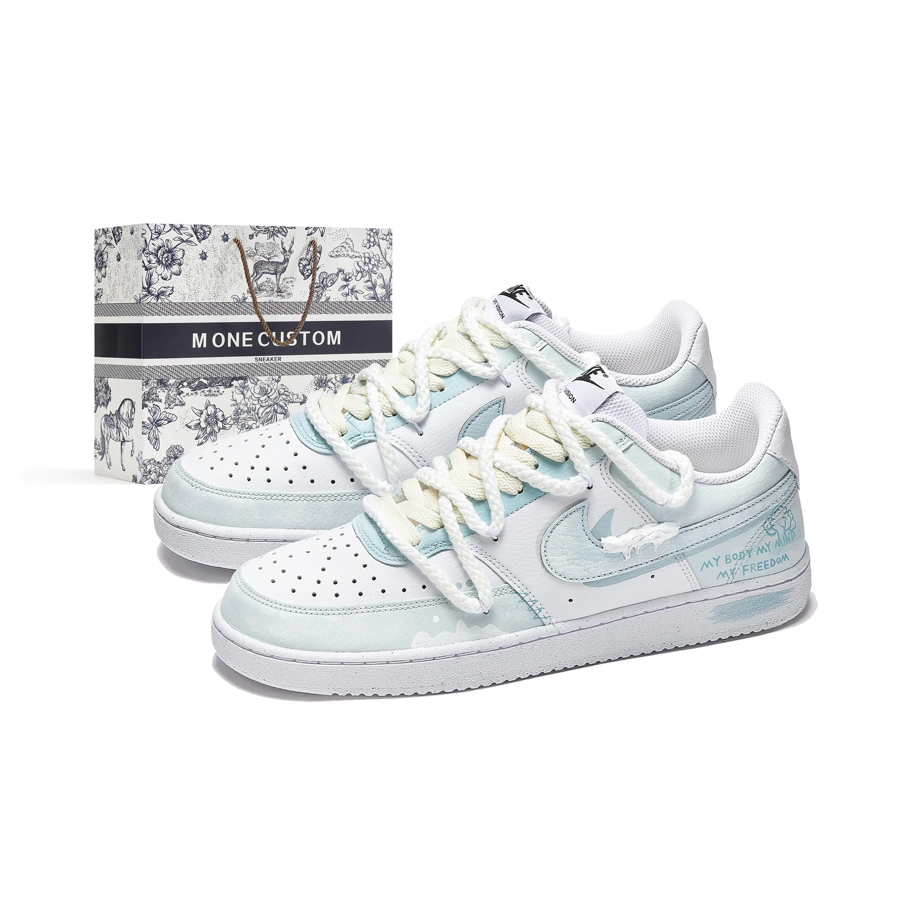 Nike Court Vision 1 Custom Sneakers for Men: Low-Top, Non-Slip, Cushioned, Blue and White Verifiable, with credentials and supporting global authentication