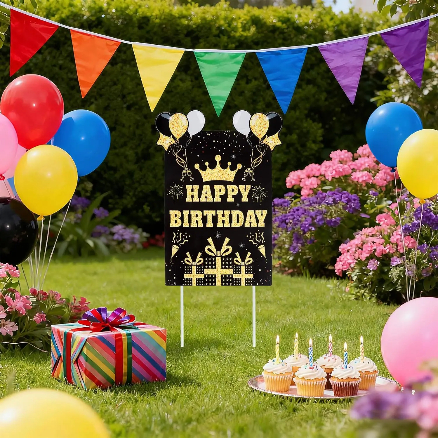 Happy Birthday Yard Sign with Stakes, Black  Birthday Yard Sign 11.8 x 15.7 Inches Weatherproof Personalized Birthday Yard Signs for Outdoor Lawn Garden Party Decorations