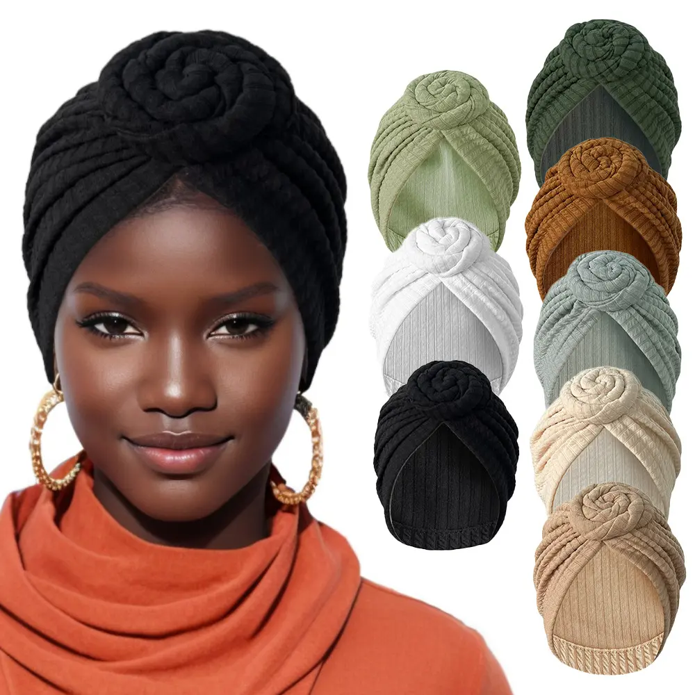 Women's Elastic 3D Rose Knotted Ribbed Stretch Hair Wrap - 1 Size Elegant Solid Color Head Scarf for Everyday, Dating, Party Occasions, Scarf Head Wrap, One Size