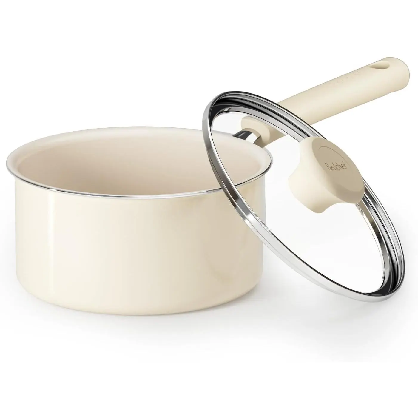 Redchef Ceramic Nonstick Saucepan with Lid, 1.5QT Small Cooking Single Pot, PFAS-Free, Non-Toxic, Cool Handle, Compatible with All Cooktops, White
