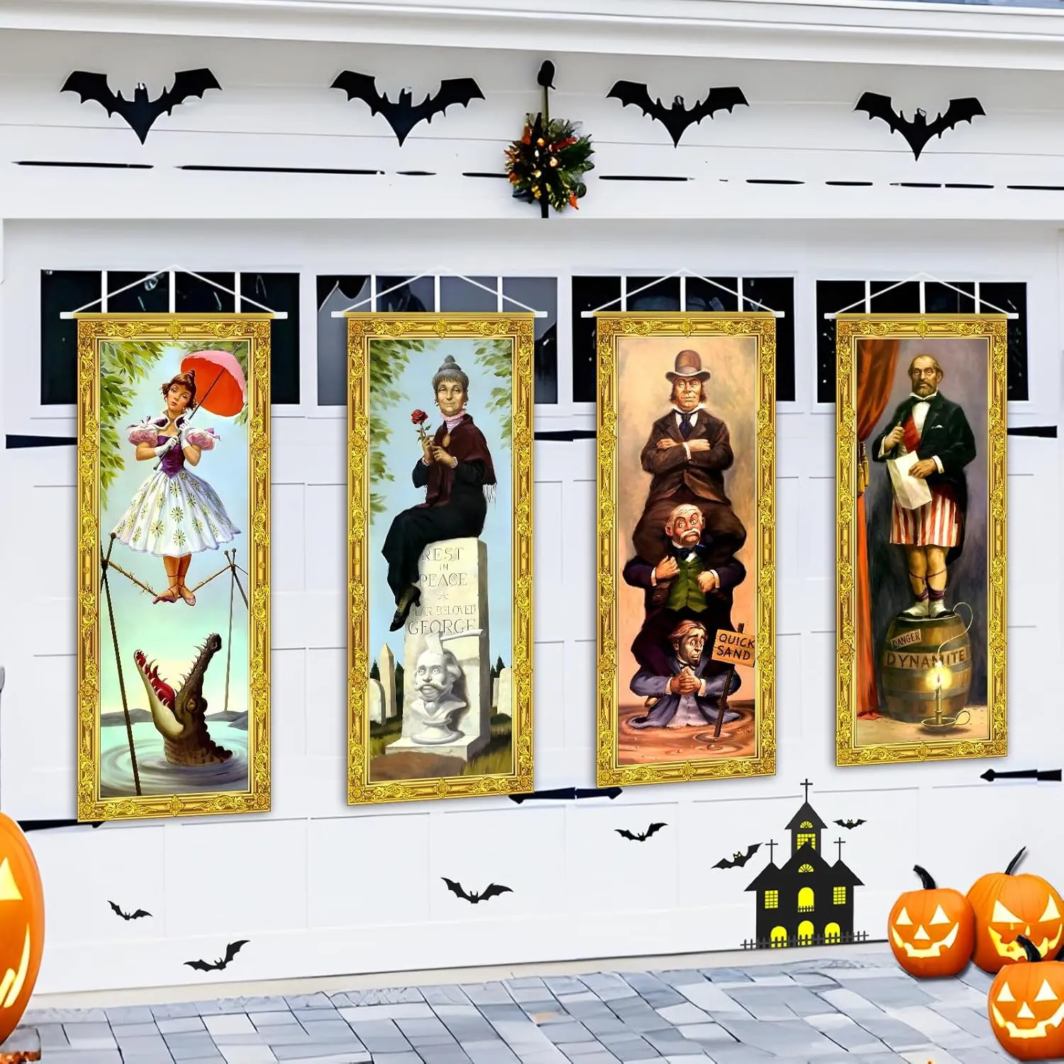 4-Count Haunted Mansion Stretching Portraits Large Vintage Vinyl Backdrop - Colorful Multicolor Sports & Outdoor Protective Gear Accessory, Garage Photo Window Wall Art, Holiday Party Decor Banner