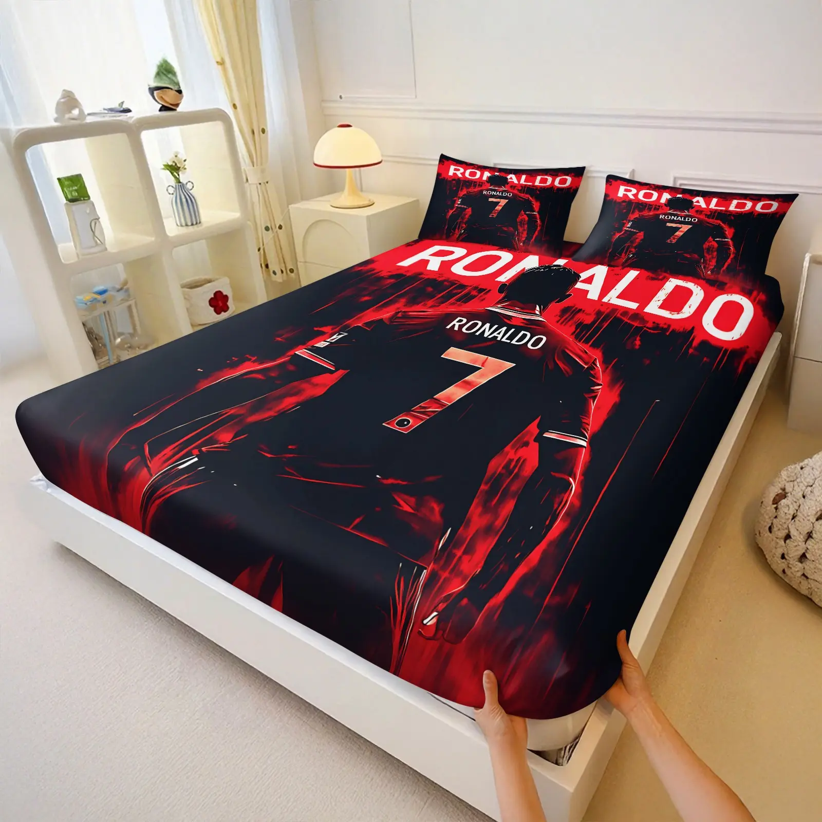 Sevevn Number Back Portrait Full Print Bedding Set, Dark Base Soccer Star Decor, Football Fan Bedroom Gift, Teen Guy Birthday Present