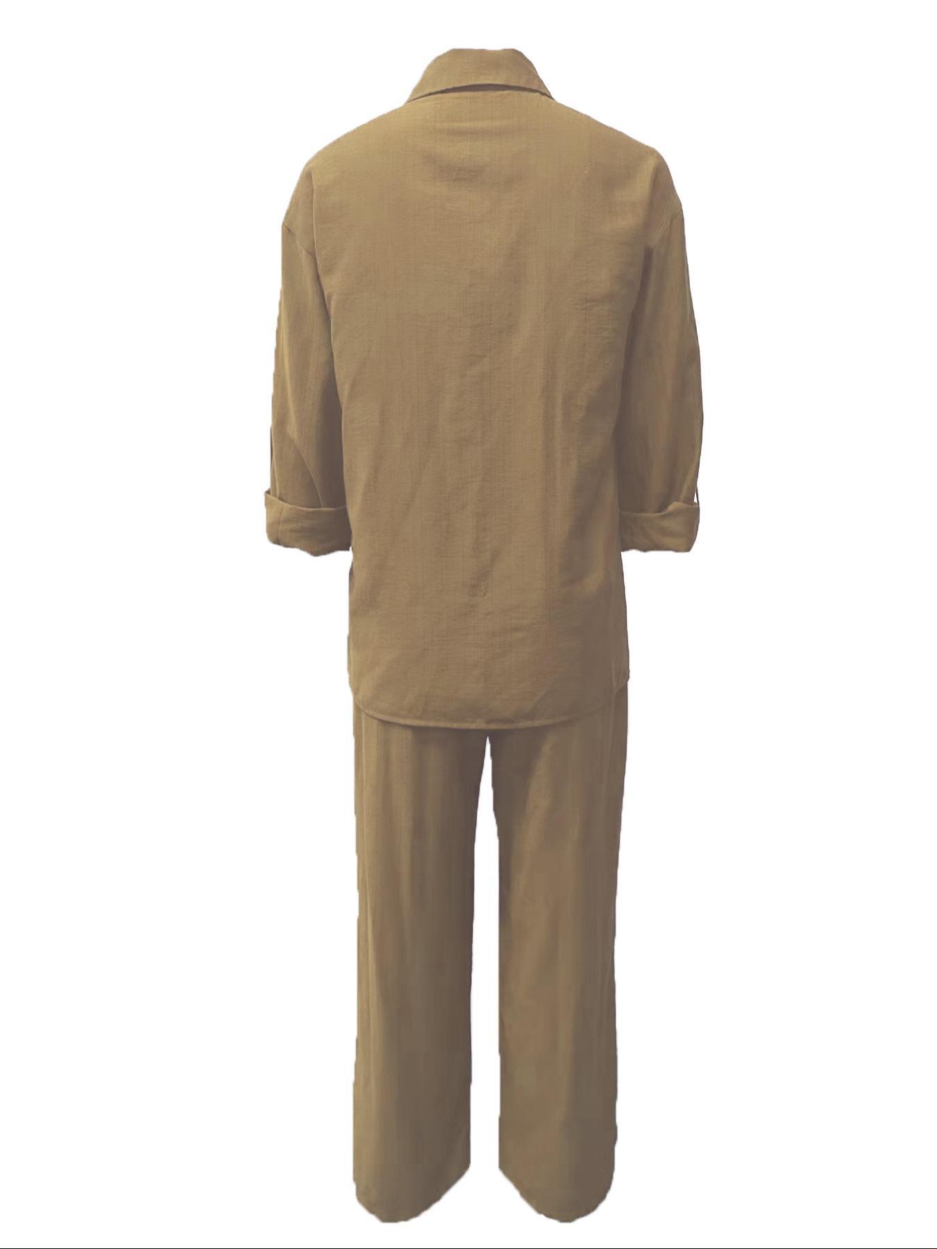 Women's Solid Color Shirt & Wide Leg Pants Set, Casual Fashion Cozy Breathable Two-piece Outfits for Daily Outdoor Wear, Women Clothes for Spring Fall