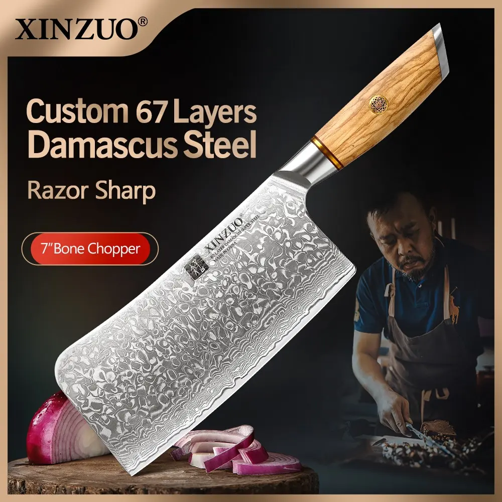 XINZUO 7-Inch Damascus Steel Kitchen Cleaver Knife,High Carbon 67-Layer Damascus Steel, Vegetable Chopping Knife, Elegant Gift Box Packaging