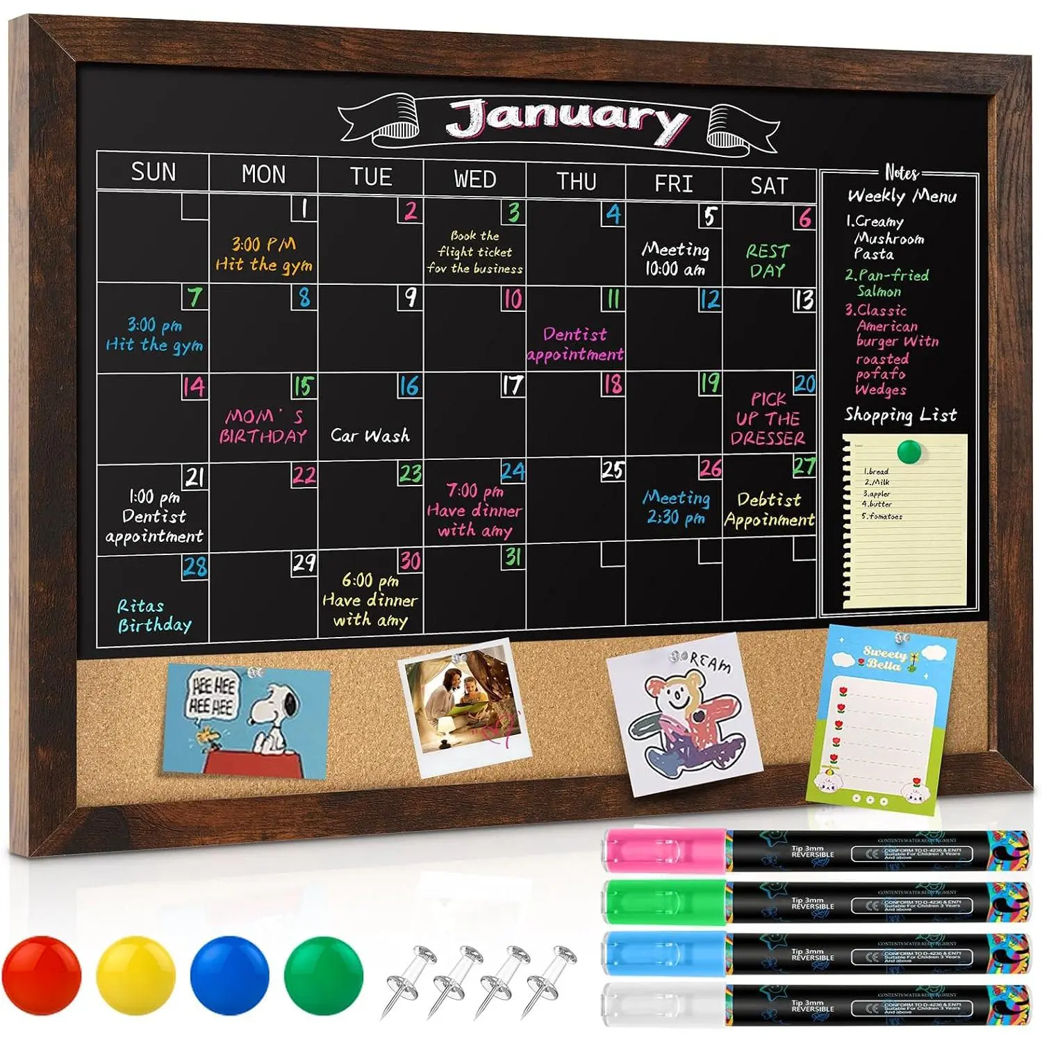 Chalkboard Calendar 24" x 18" Chalk Board for Wall |  Chalkboard Framed, Wall Mounted, Blackboard for Office, Kitchen, School,