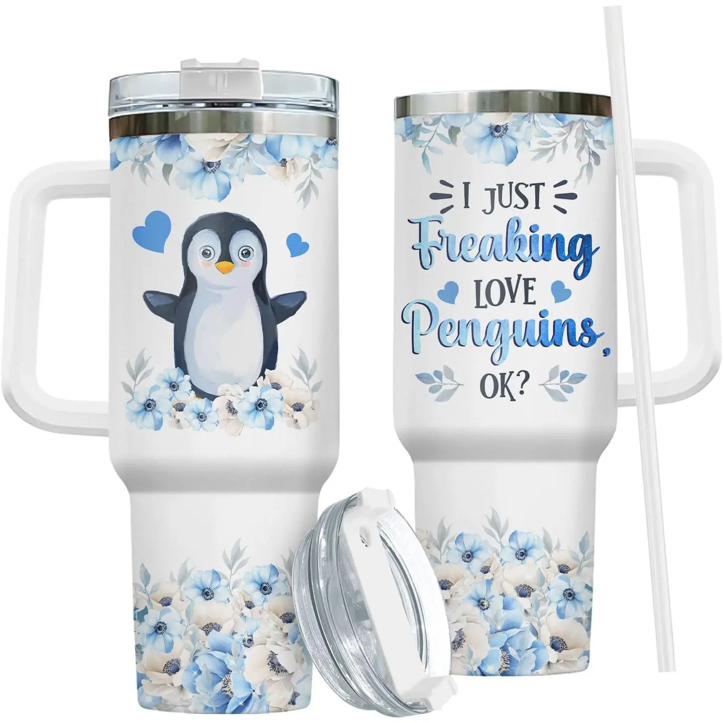 Cute Penguin Tumbler 40oz with Handle and Straw - Just a Girl Who Loves Penguins Insulated Stainless Steel Travel Mug - Funny Penguin Lover Gift for Mother's Day - Birthday Present to Mom & Her    （Translation notes:   1. Retained the product name and bra