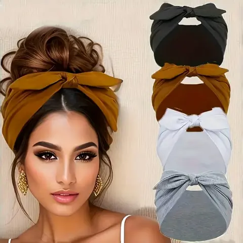 Oversized Bunny Ears Hair Tie with Elastic - Soft Yoga & Workout Headband, All-Season Sweatband Daily Headband for Women, Animal Ears Headband, Bunny Earbands, Gym Headband, Fashion Headbands, Hairbands, 4 Colors (Black, Brown, White)