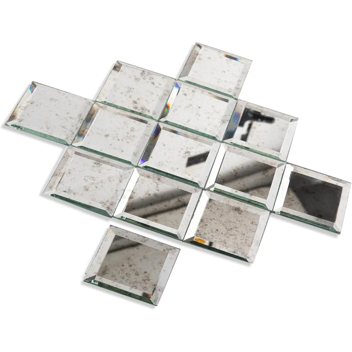 Reflective Peel and Stick Mirror Backsplash Tiles Sticker - Light Antique 3x3 Inch Beveled Square, Modern Decor for Kitchen Bar Room (2 Sq.ft, 32 Count), Room Decor