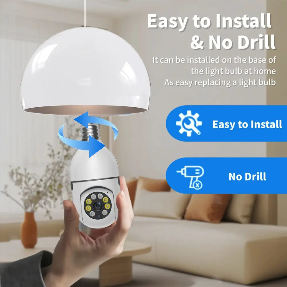 Panoramic Light Bulb Camera 1080P Wireless Security Night Vision, 360-Degree Rotation Full Color Photo Video Recording, No Memory Card Needed