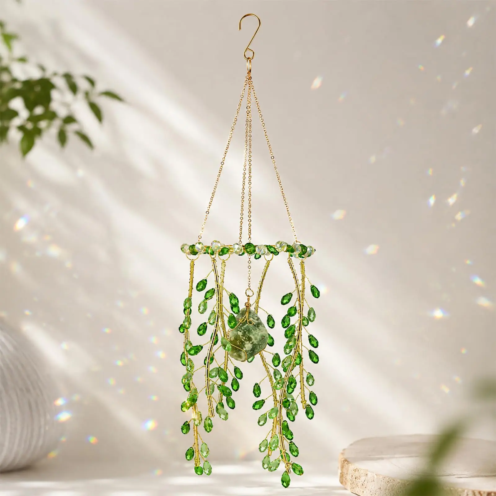 Handcrafted DIY Floral Hanging Decor - Lightweight Boho Window Ornament with Natural Moss Stone, Crystal Rainbow Light Catcher, Decorative Gift for Home Room (Specialty DIY Supplies), Boho Decor