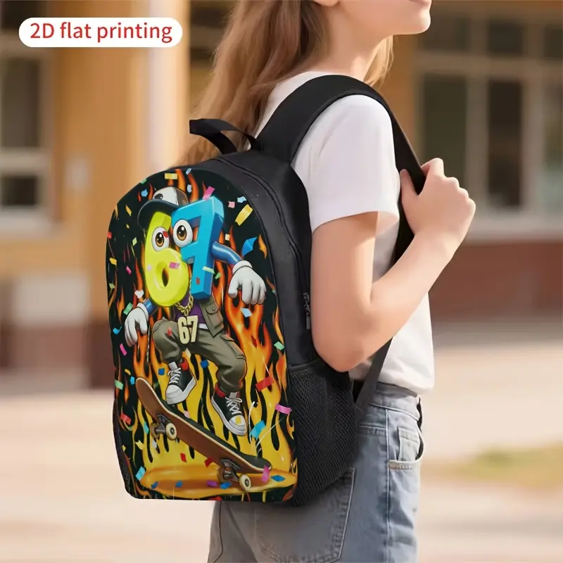 Retro 1-3-Piece Skateboard-Print Backpack Set Pack, Polyester 2D Flat Print with Lunch Bag & Pencil Case, Lightweight Durable Functional, Laptop Comp., Sturdy Build for School Work