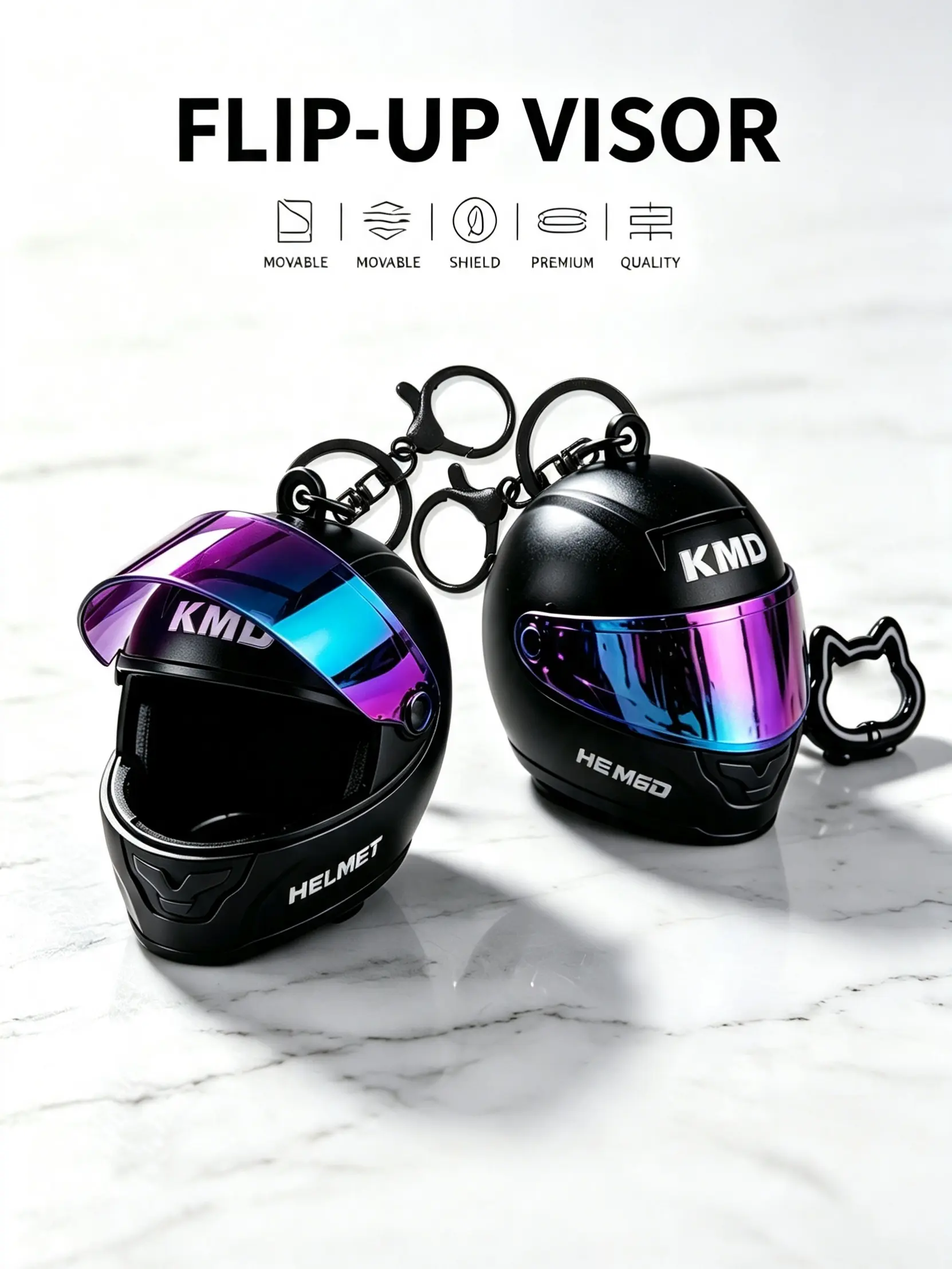Cool Motorcycle Helmet Keychain Pendant with Cat Shape Carabiner Clip,Gradient Visor Helmet Keyring Bag Charm,Mini Motorbike Helmet Key Chain Charm,Flip-Top Motorcycle Cap Biker Keychains Gift For Rider Men Women Backpack Earbud Car Key Accessories