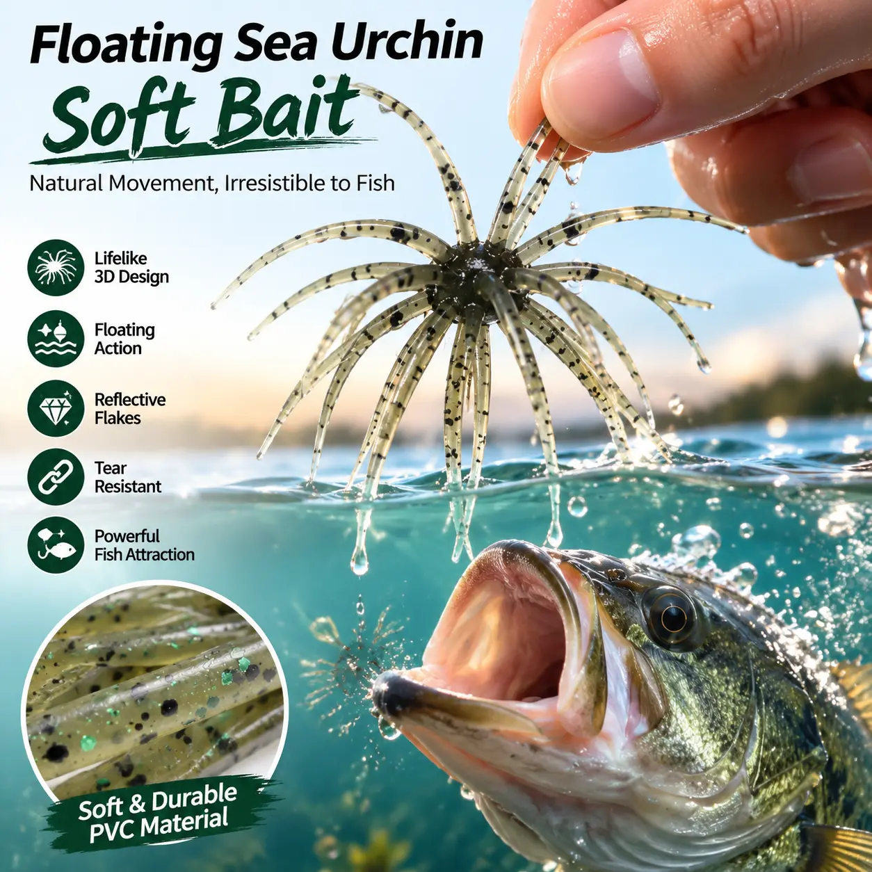 10 PCS Realistic Sea Urchin Soft Plastic Fishing Lures, Durable Floating Artificial Bait for Freshwater Bass, Trout Fishing, Sea Urchin Fishing Lure-YY2