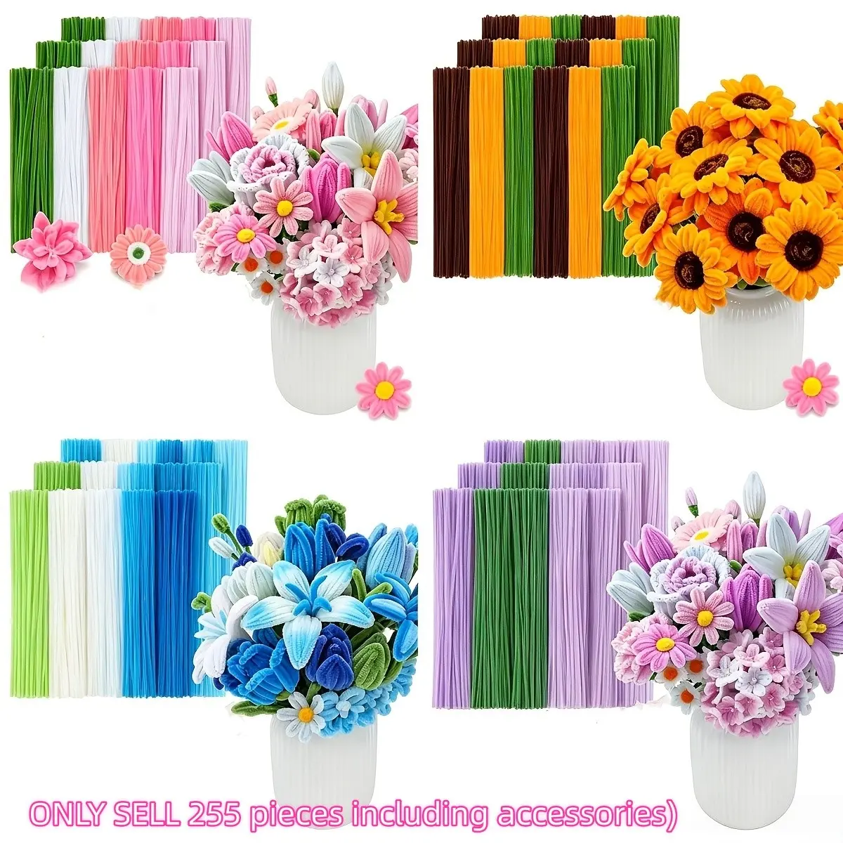 (255 pieces including accessories) Colored bouquet handmade set | Pipeline cleaning flower material making tutorial video, including purple, pink, blue, and gold sherry colored stems, suitable for birthdays, Mother's Day, graduation ceremonies, Valentine'