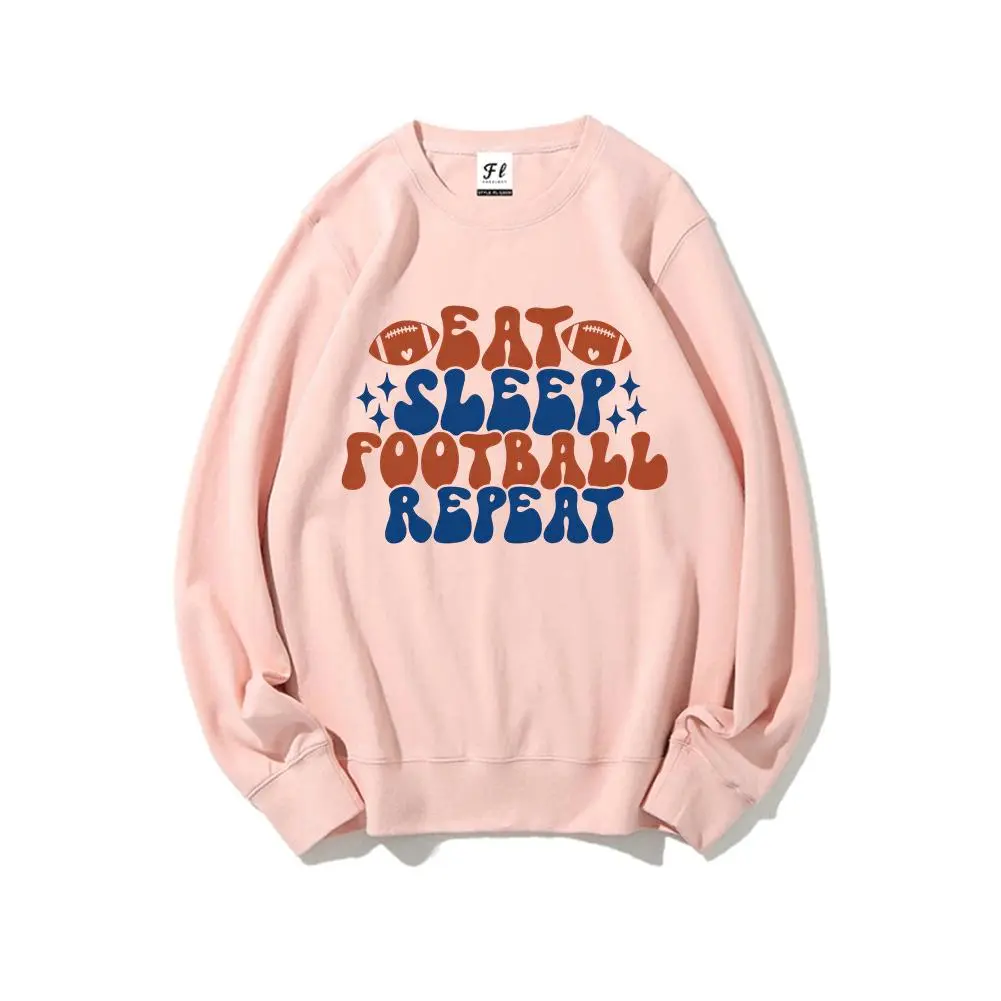 Men's Eat Sleep Football Repeat Crewneck Sweatshirt - Bubble Letters Graphic Print, Longsleeves, Round Neck, Regular Fit Pure Cotton Menswear Tops for Fall Game Day Casual Wear, Machine Washable