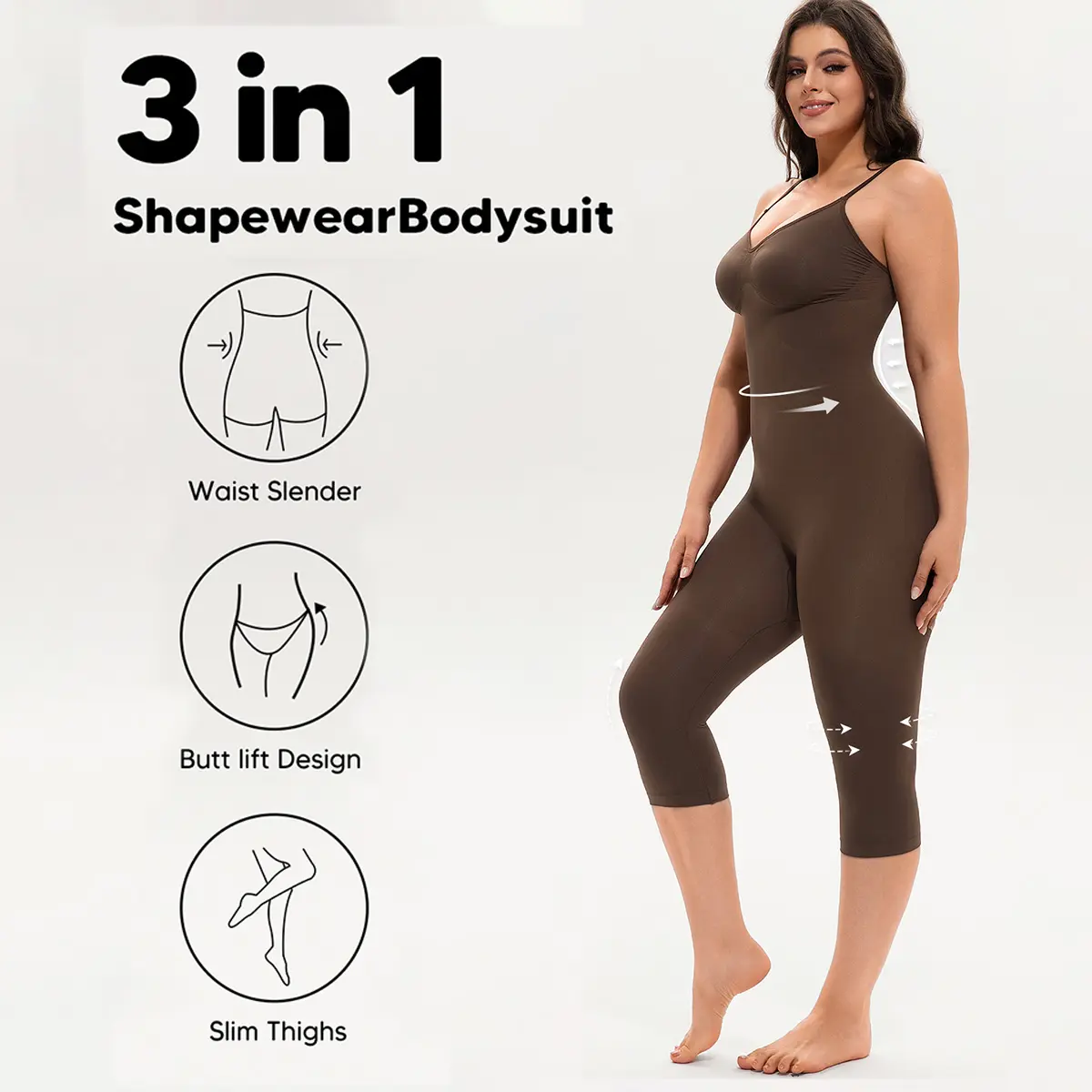 Silky Capri Shapewear for Women, Mid-Calf Bodysuit with Tummy Control & Adjustable Strap, Seamless Body Slimming Fit for Under a Thin Dress, Breathable, Fabric, Hand Wash