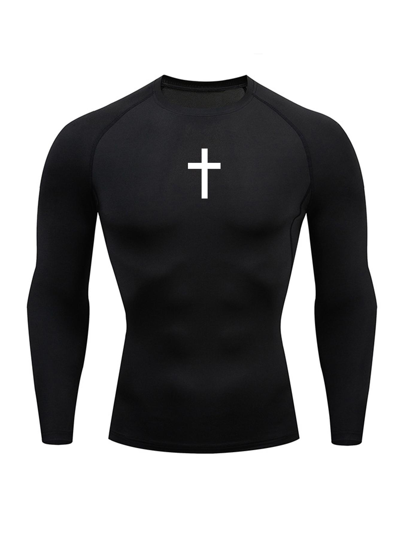 Men's Cross Print Round Neck Sports Tee, Tight Sporty Quick Drying Breathable Long Sleeve T-shirt, Men's Sportswear for Spring & Fall Gym Workout, Athletic Style High Performance Activewear, Quick Drying Top, Sports Tops