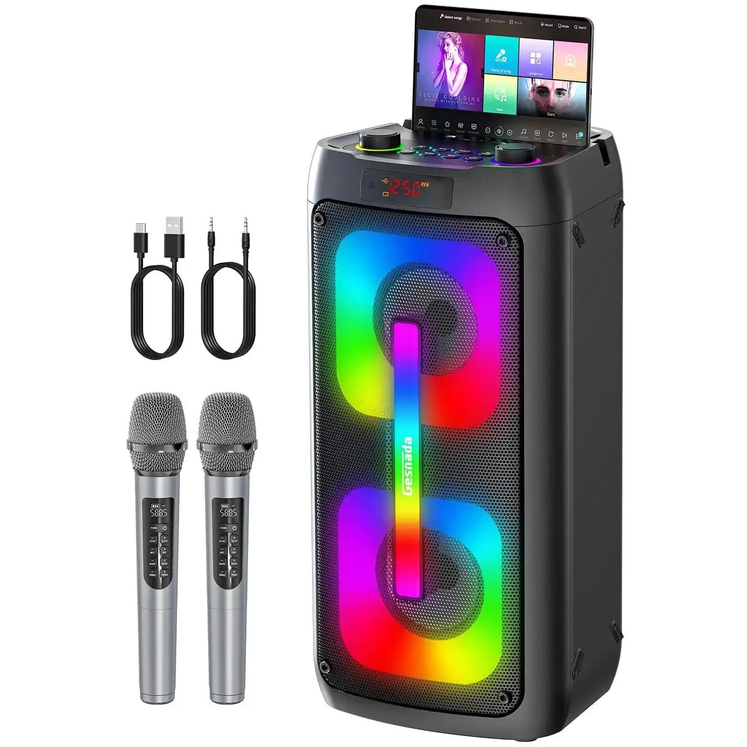 Portable Bluetooth Karaoke Machine with 2 Wireless Microphones, Disco Lights, PA System, Bass Boost - Ideal for Big Parties, Outdoors, Gifts for Music Lovers