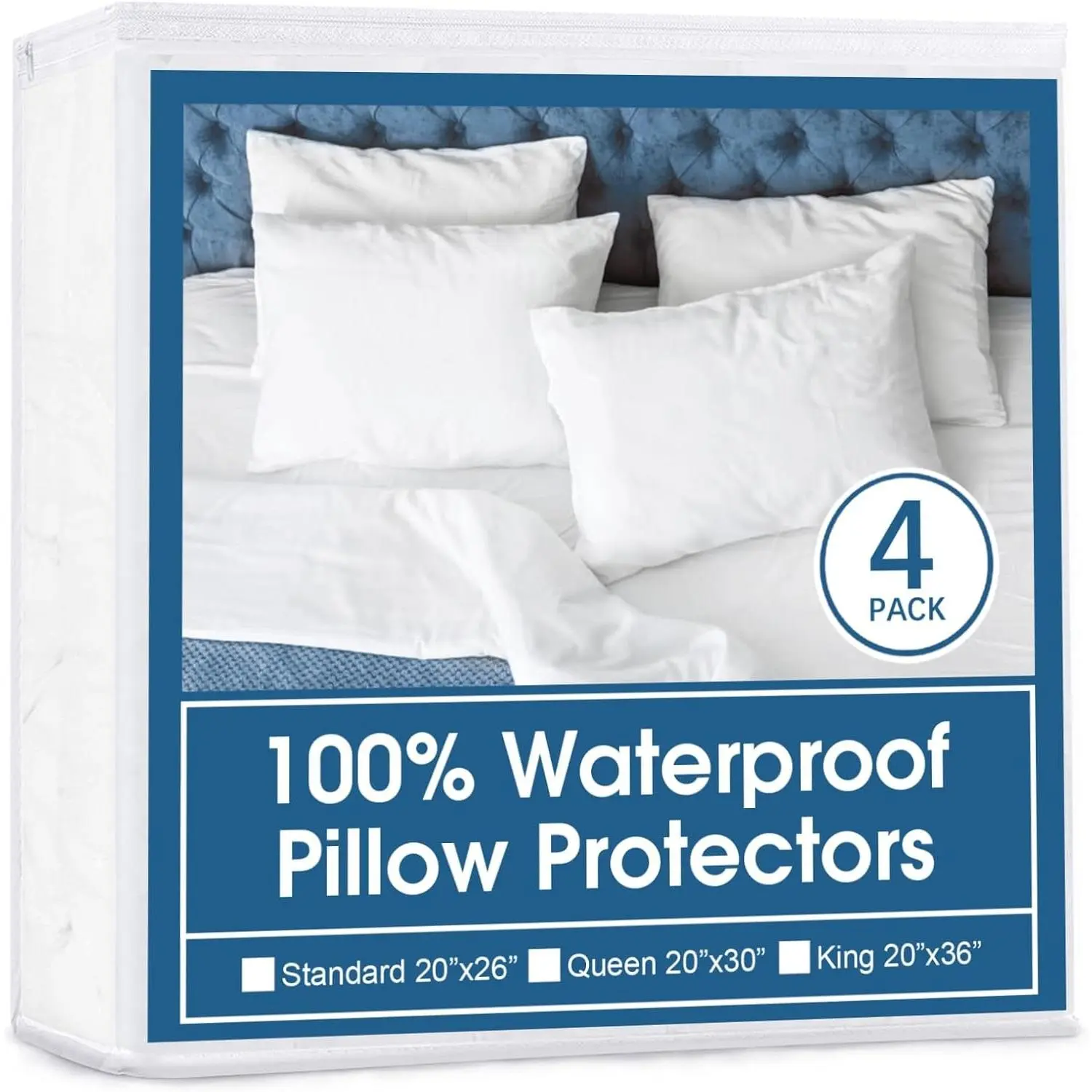 4 Pack Pillow Protectors with Zipper Standard Size Breathable & Noiseless Pillow Protector 100% Waterproof Pillow Cases 20''×26'' White Pillow Covers