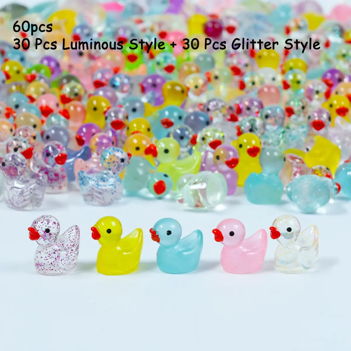 60 Pcs Resin Mini Duck Decorative Ornaments Set, 30 Glow-In-The-Dark + 30 Sparkly, Macaron Colors, Desktop DIY Decor, Blind Bag, Cute Collectible, Resin Ducks