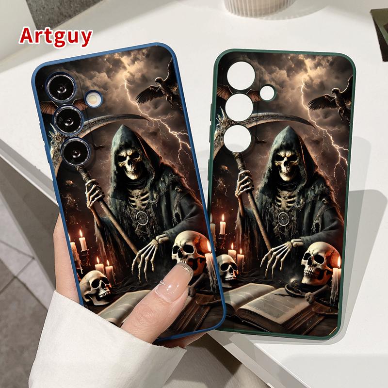 Grim Reaper Pattern Straight Edge Phone Case Compatible with Samsung S24 ultra plus S25 S23 S22 Ultra Plus Shockproof Full Camera Protection Durable Slim Silicone Cover