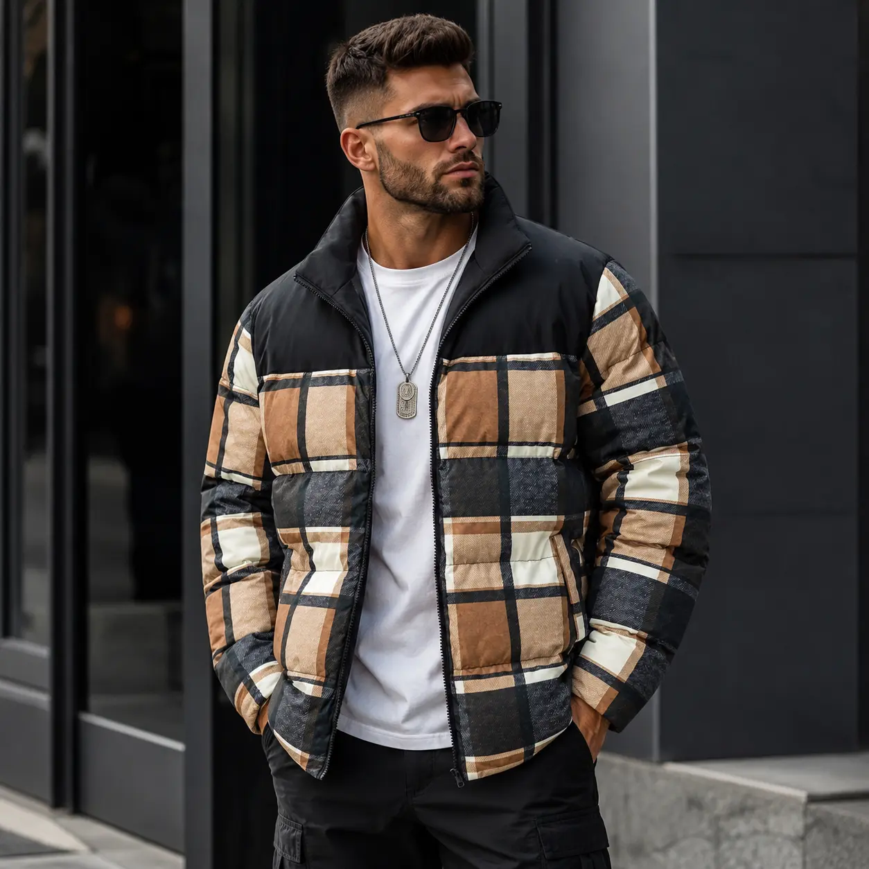 Men's Plaid Puffer Jacket Patchwork Winter Warm Bubble Coat Heavyweight Padded Insulated Outfits Stand Collar Full Zip Up Parka Outerwear Bird Streetwear Flannel Checkered Brown Khaki Black Clothing Apparel Fashion Gifts cozy soft cool clean  casual fall