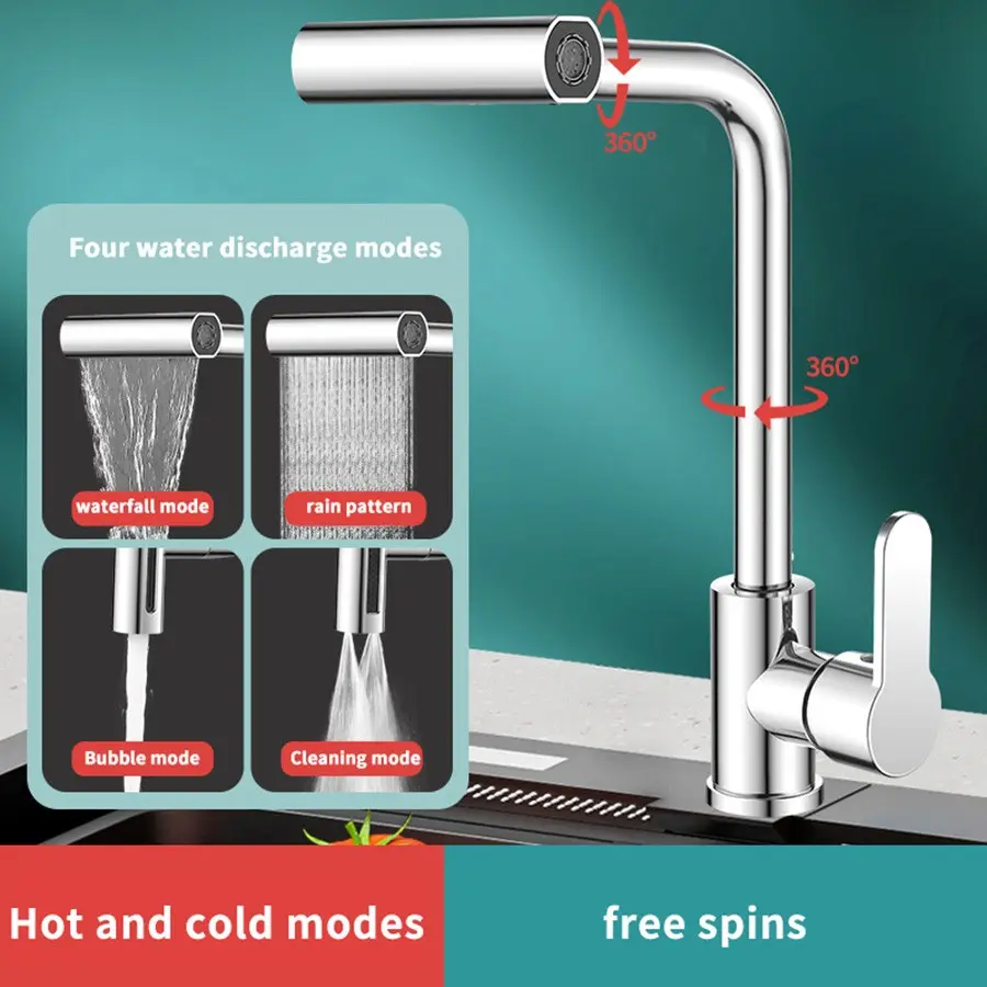 Waterfall kitchen faucet stainless steel 360° rotating waterfall flow spray head hot and cold water sink mixer kitchen faucet