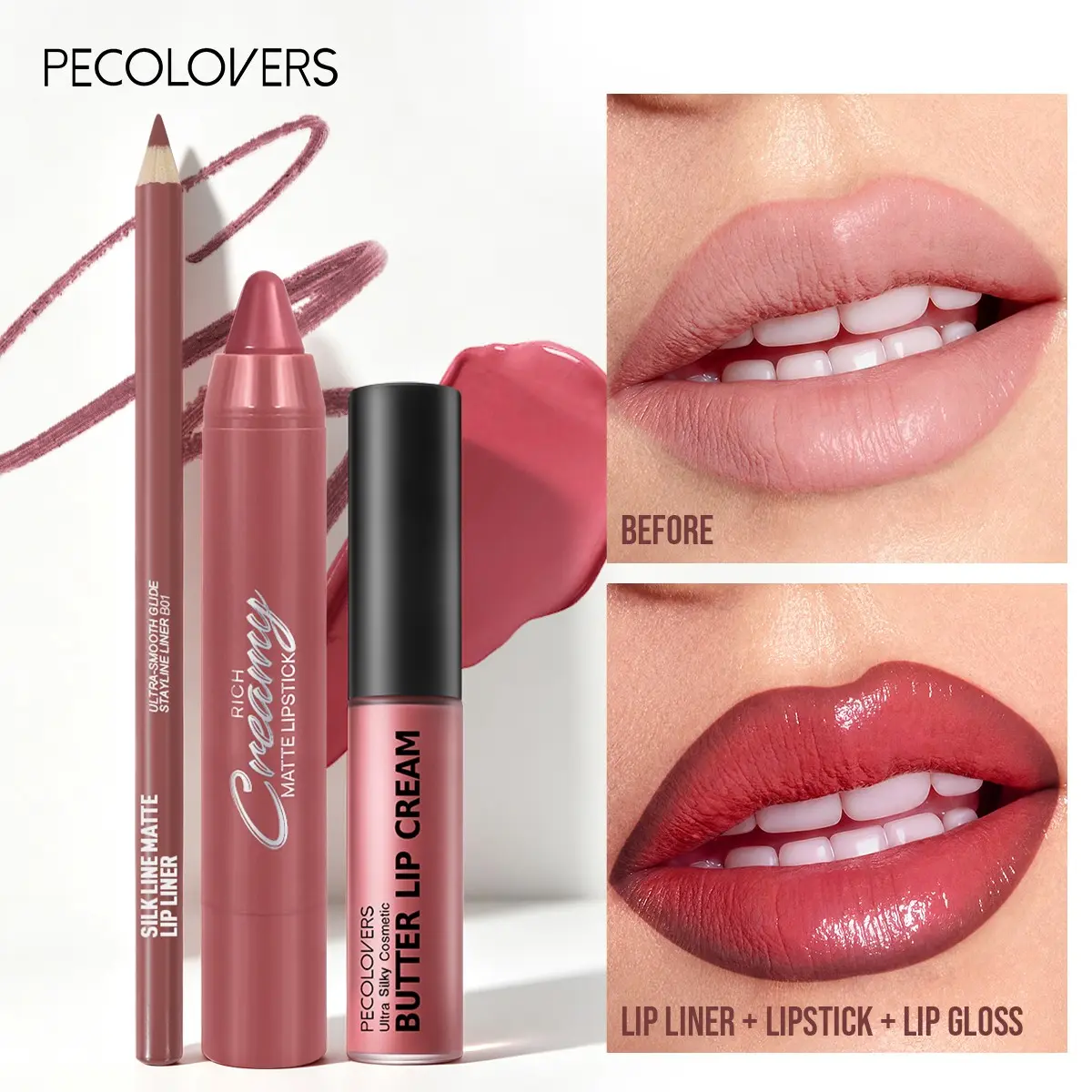 3pcs/set Makeup Set, Matte Lip Liner Pencil, Moisturizing Butter Lip Glaze, Matte Creamy Lipstick Crayon Pen, Long-Lasting, Deep Berry & Tones, Lip Trio