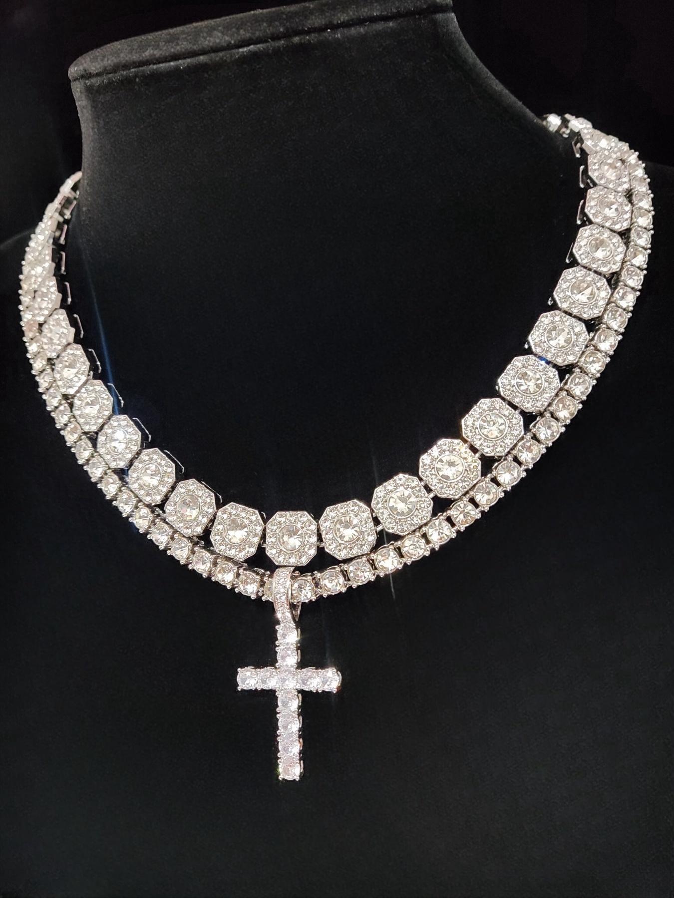 Men's Street Style Artificial Zircon Inlaid Cross Pendant & Cuban Chain Necklace, Cross Charm Necklace, Fashion Jewelry for Party, Daily Decor, Trendy All-match & Exquisite Jewelry for Birthday Gift