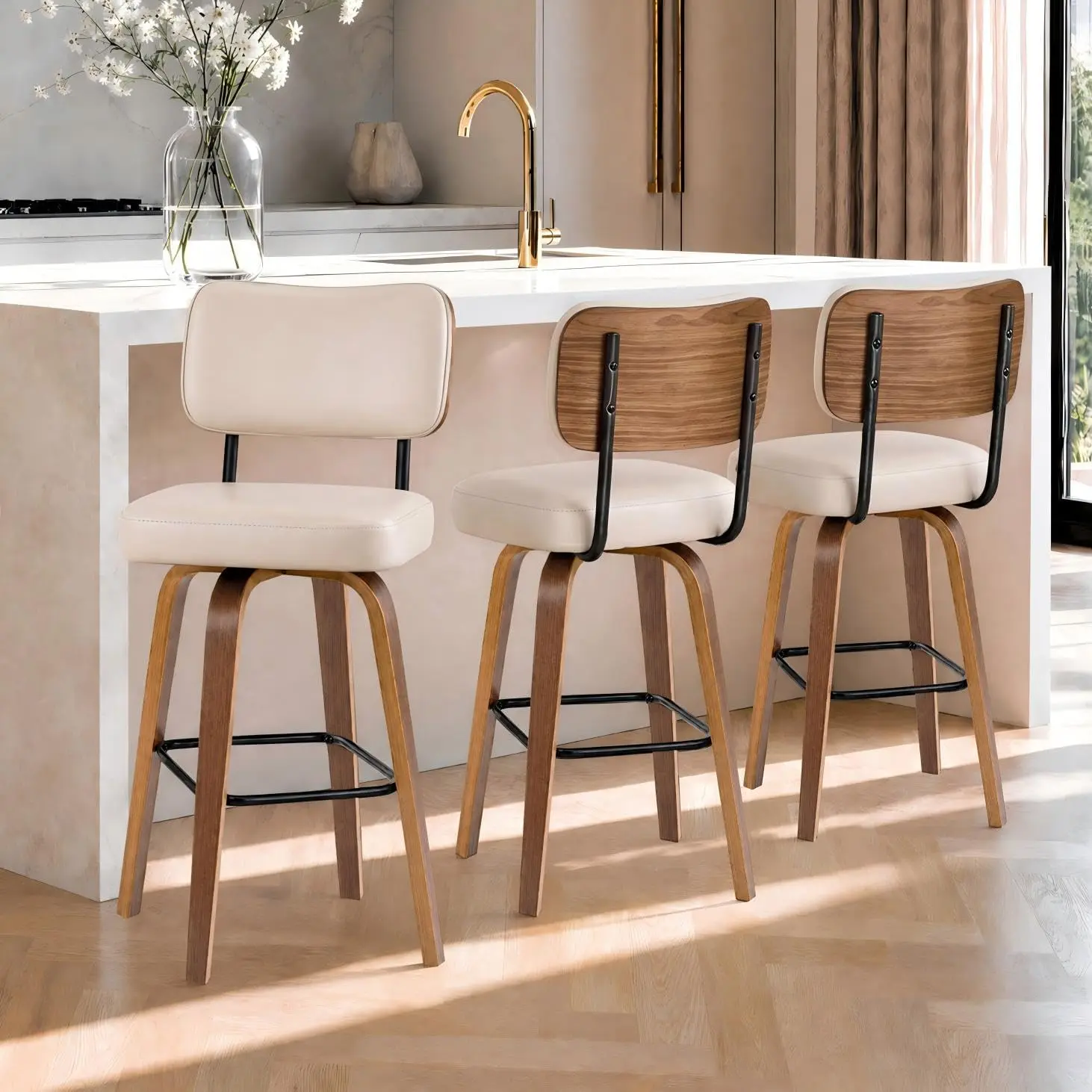 Set of 3 26 Inch Swivel Counter Height Bar Stools with Back, Bentwood Legs & Faux Leather Upholstery for Kitchen Counter