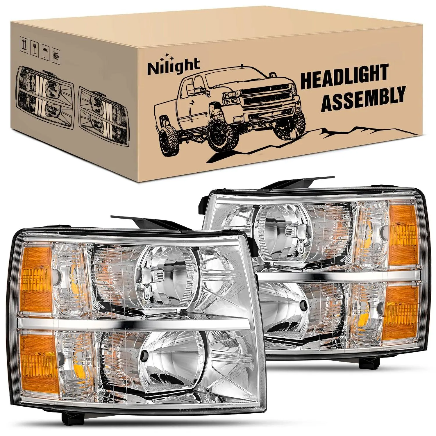 Nilight Brightening LED Car Headlights Beam Assembly - Chevy Truck Accessory for 2007-2013 Silverado 1500, 2014 Silverado 2500HD/3500HD, Chrome Housing, Amber Reflector Truck Headlight Replacement, Beam Headlight, Ip65