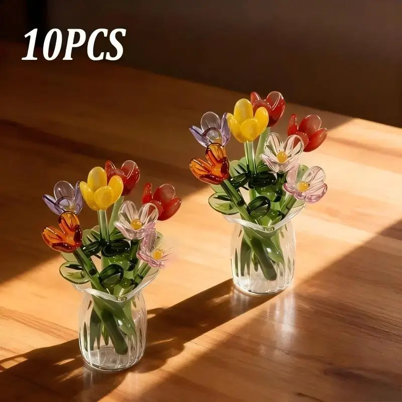 2026 New Arrival Handmade Crafted 10Pcs Crystal Glass Tulip Bouquet - Decorative Artificial Tulips, Floral Glass Ornament with Colorful Look, Includes Vases for Indoor Recreation Table Decoration