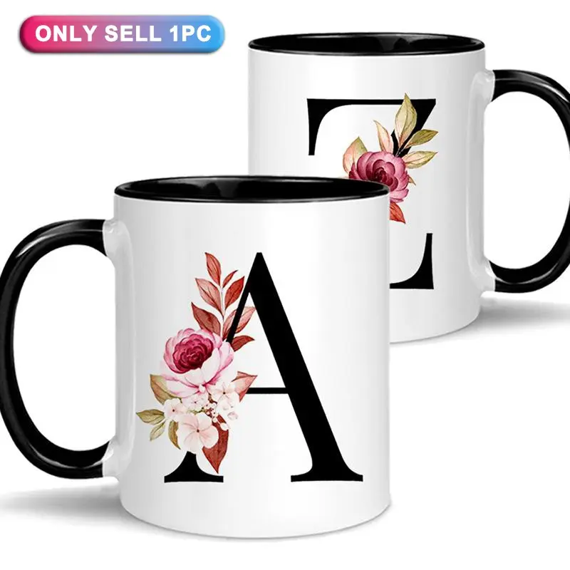 Floral Alphabet Pattern Coffee Mug, Funny Coffee Mug, 2 Counts/set Initial Letter Monogram Floral Alphabet Ceramic Cup, Birthday & Xmas Gifts for Women, Drinkware, Coffee Cups, Ceramic Mugs