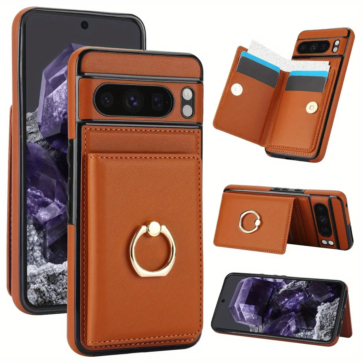 Wallet Case with Card Holder, 360° Rotation Ring Kickstand Magnetic Clasp and Durable Shockproof Cover for Google Pixel 9 Pro XL/ 9/ 9 Pro/ 8 Pro/ Pixel 8/ 8A/ 6A