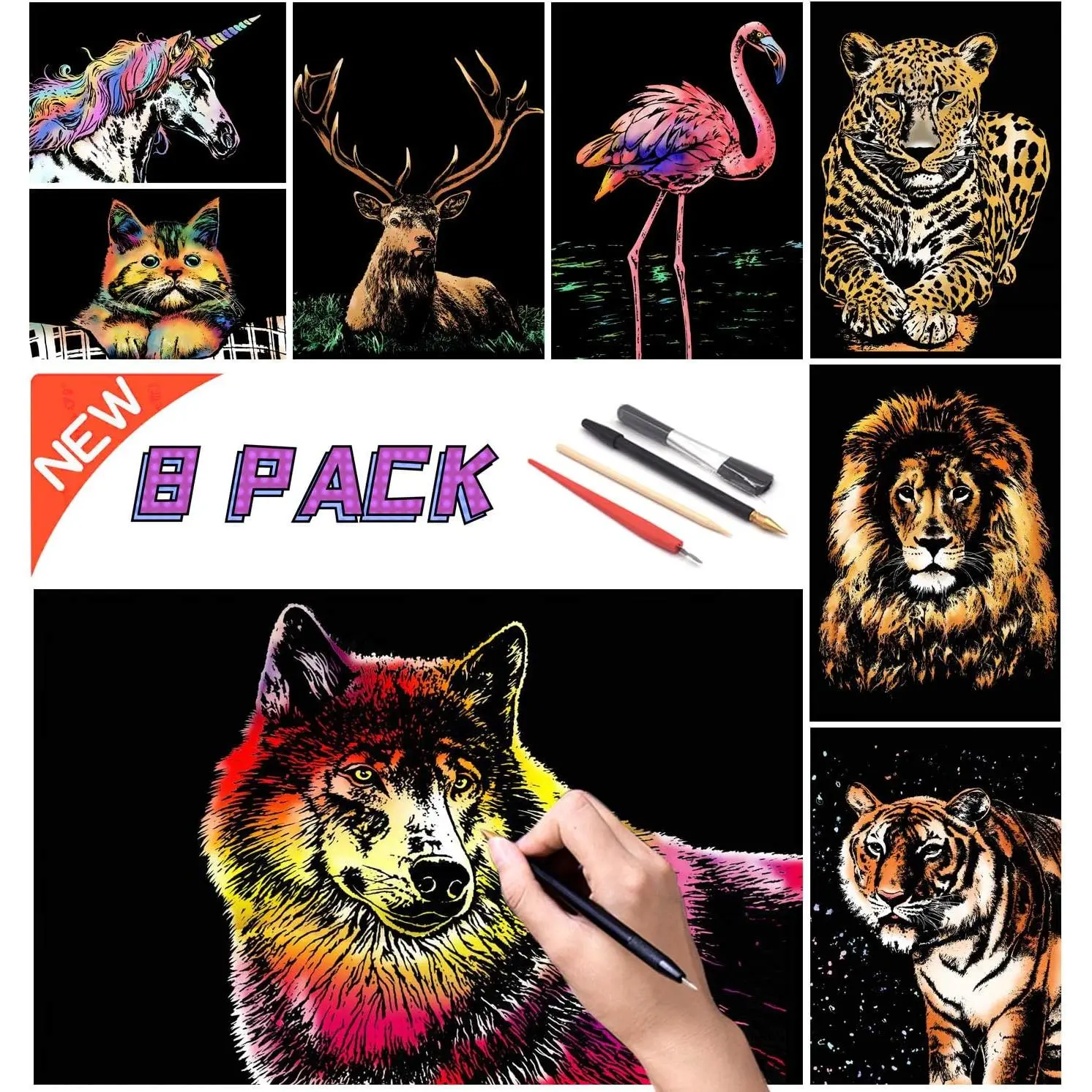 Scratch Painting Art for Adults -Scratch Painting Foil Art for Adults, Scratchboard Set(A4) with 4 Tools & 8 Sheets,  Series Creative Set (Lion and Bird)