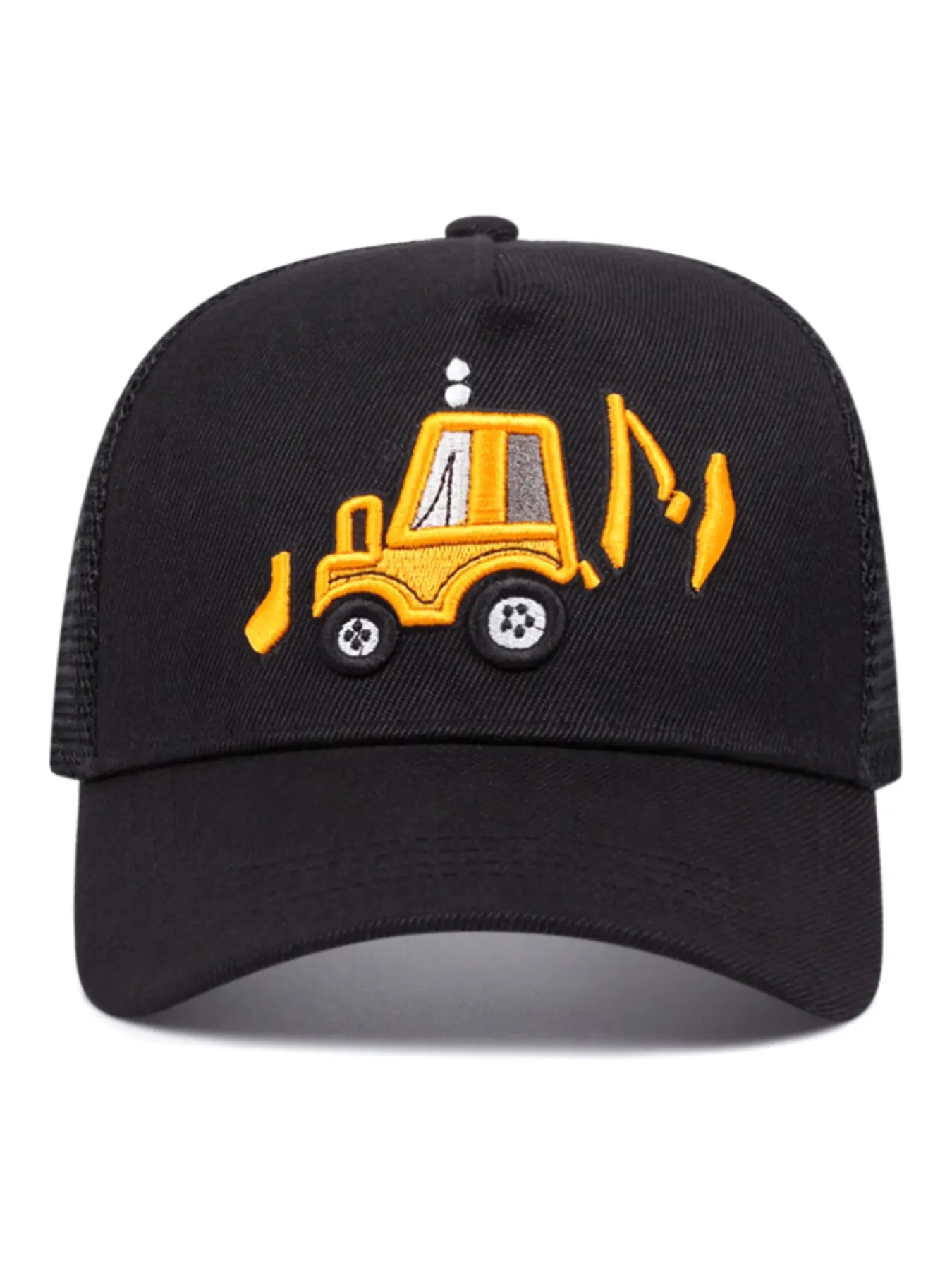 Funny Excavator Embroidered Trucker Hat For Men Women Cartoon Construction Vehicle Pattern Mesh Cap Black Yellow Snapback Cute Workwear Sunshade Cap