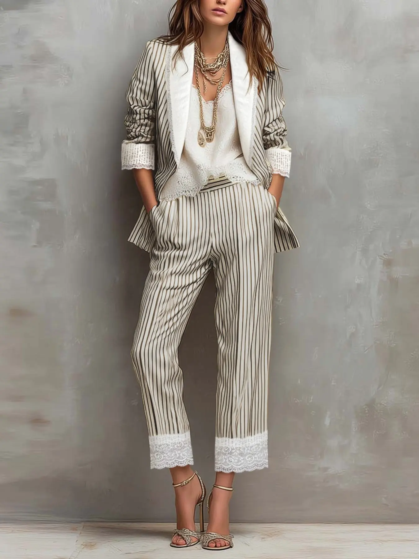 Elegant Striped Fashion Commuter Style Suit Jacket, Lace Patchwork Design, Straight Leg Long Pants, Office Casual Suit Set