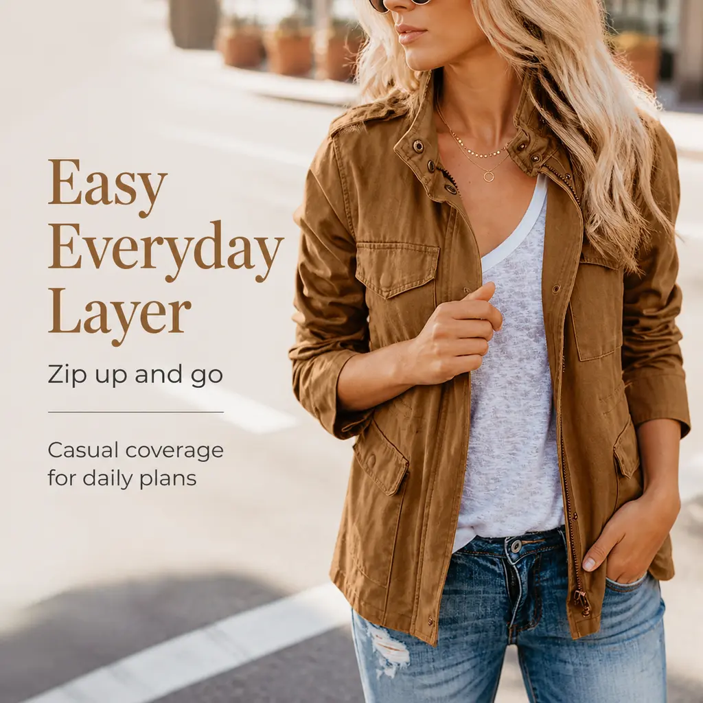 Women Utility Military Field Jacket, Zip‑Up Snap Button Safari Anorak Coat, Lightweight Long Sleeve Outerwear With Multi Pockets