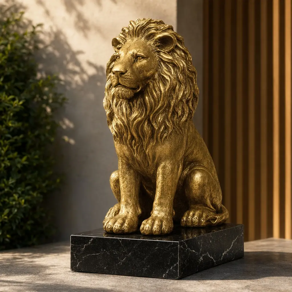 24-Inch Tall Gold Resin Lion Statue – Art Deco Guardian Sculpture for Patio, Garden, Indoor-Outdoor Decor, Symbol of Courage & Protection