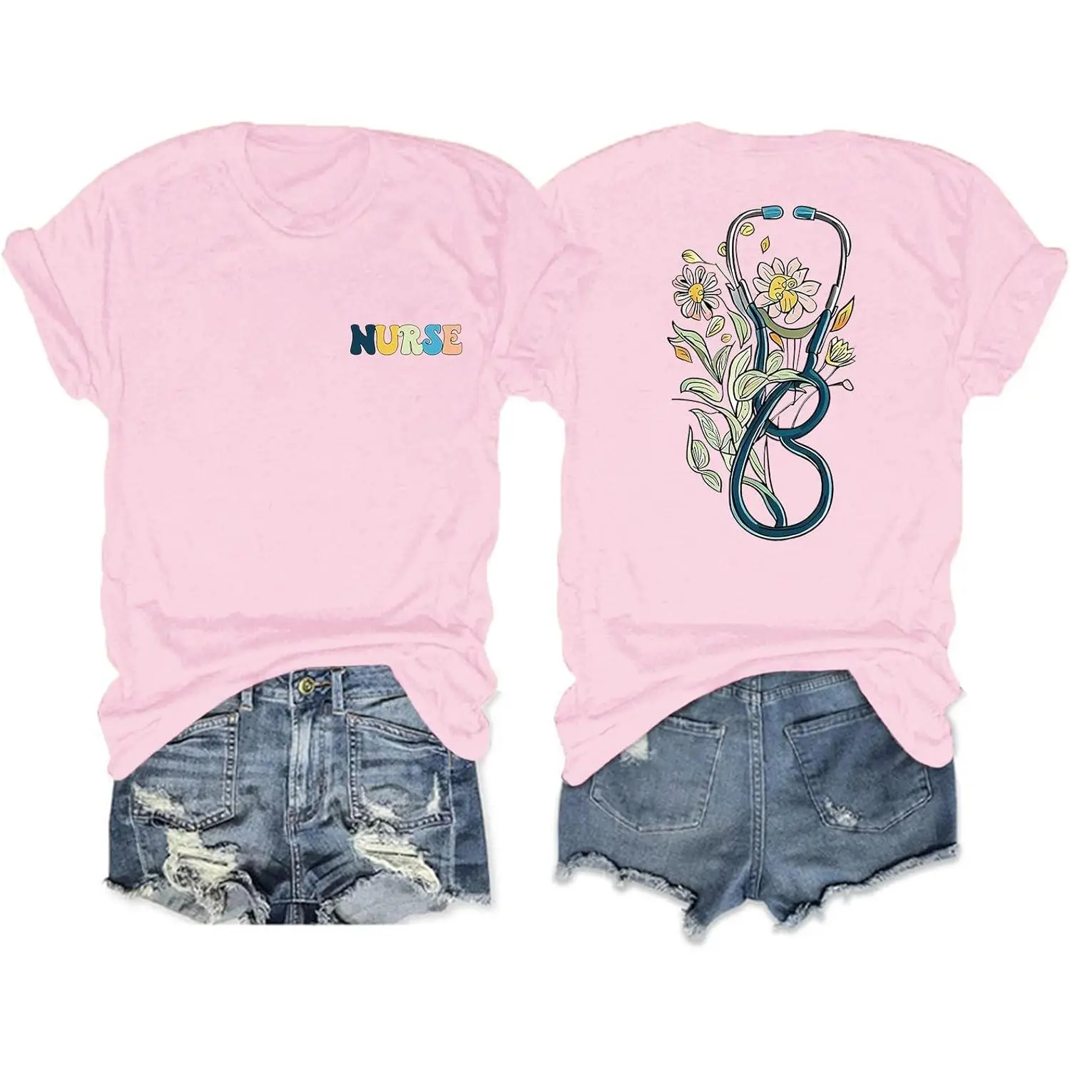 Nurse Floral Stethoscope Graphic Tee Clean Finish Heavyweight Premium Cotton Tshirt Front Chest And Back Print Healthcare Appreciation Top Women Short Sleeve Crewneck Top Best Gift