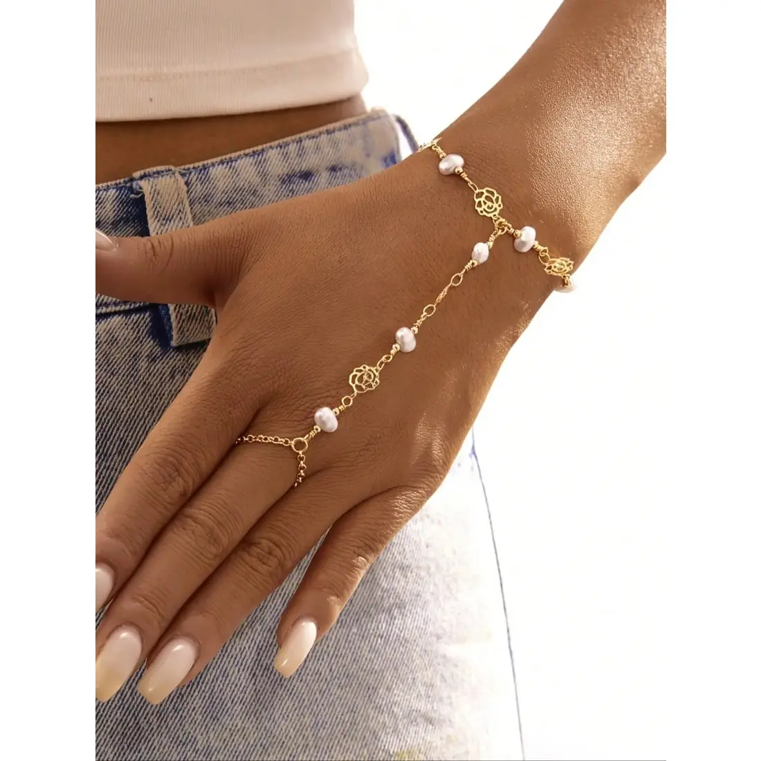 Fashion Simple Faux Pearl Rhinestone Finger Ring Bracelet, Elegant Jewelry Bracelet, Exquisite Bracelet, Pretty Bracelet, Perfect for Christmas Halloween Summer Winter Valentine's Day New Year Gift