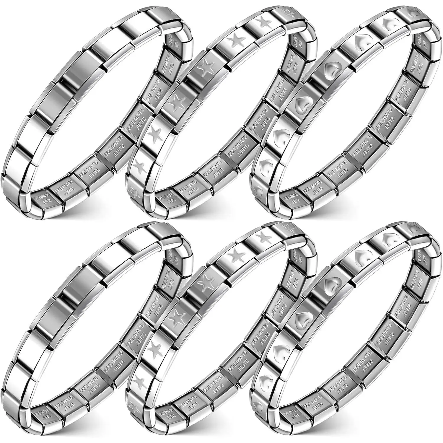6 count Italian Charm Bracelets Shiny 9mm Starter 18 Links Stainless Steel Italian Bracelet Modular Links