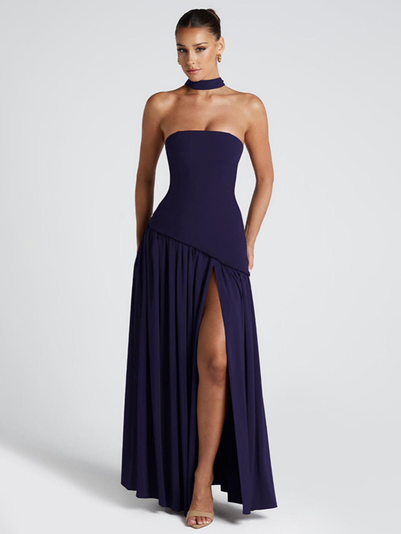Women's Plain Split Thigh Body Con Tube Dress with Scarf, Elegant Strapless Dress for Party Club Beach Vacation, Ladies Clothes for All Seasons, Bodycon Party Dress